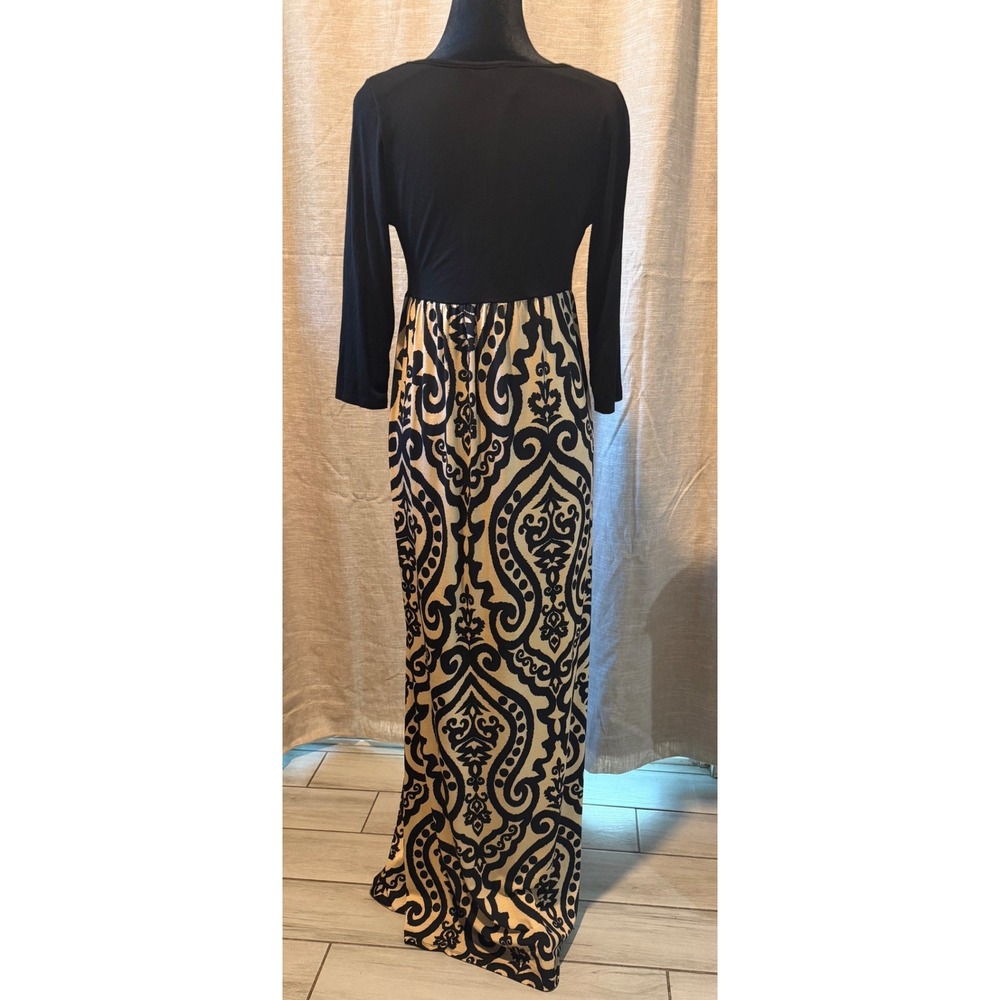 PinkBlush Womens Black Tan Damask Print Empire Waist Long Sleeve Maxi Dress L‎